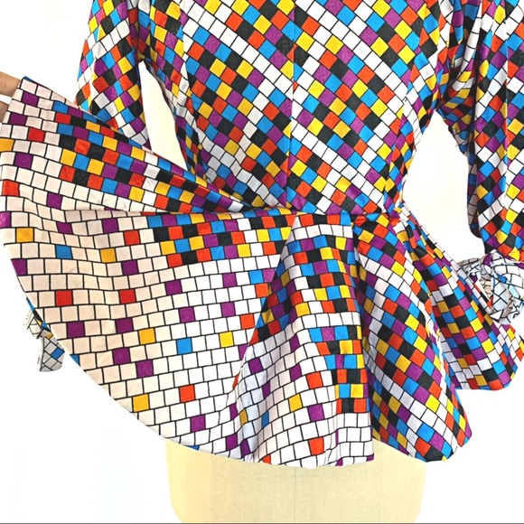 Homemade Tetris Print Peplum Blouse Small - Picture 2 of 14